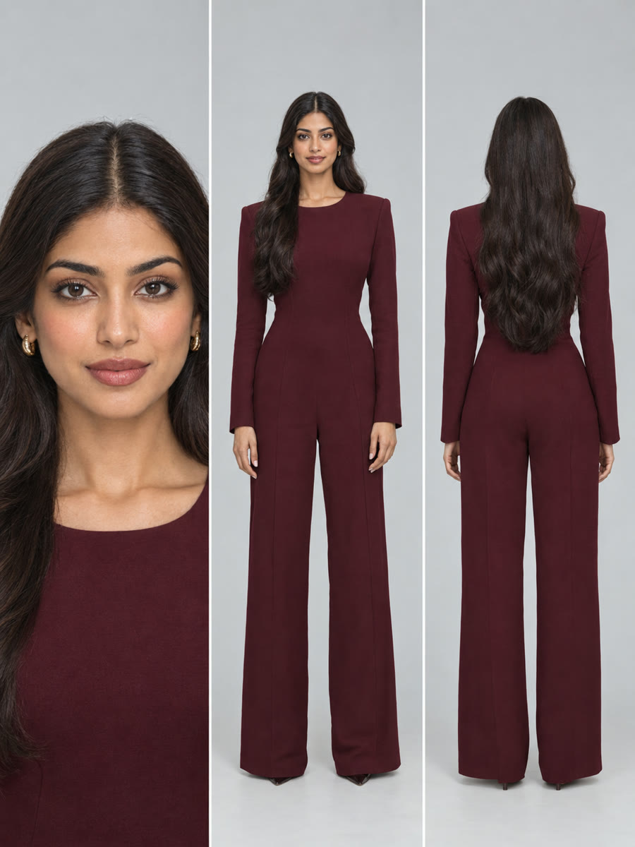 Consistency sheet for Noor: face close-up, full front and full back in a maroon jumpsuit