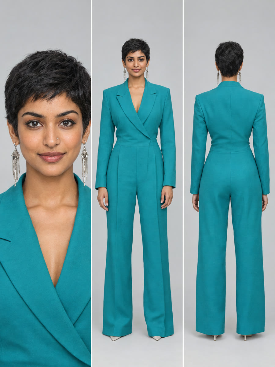 Consistency sheet for Tara: face close-up, full front and full back in a teal jumpsuit